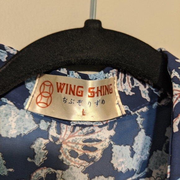 Vintage Japanese silk shirt Navy Blue leaf print - Picture 4 of 9